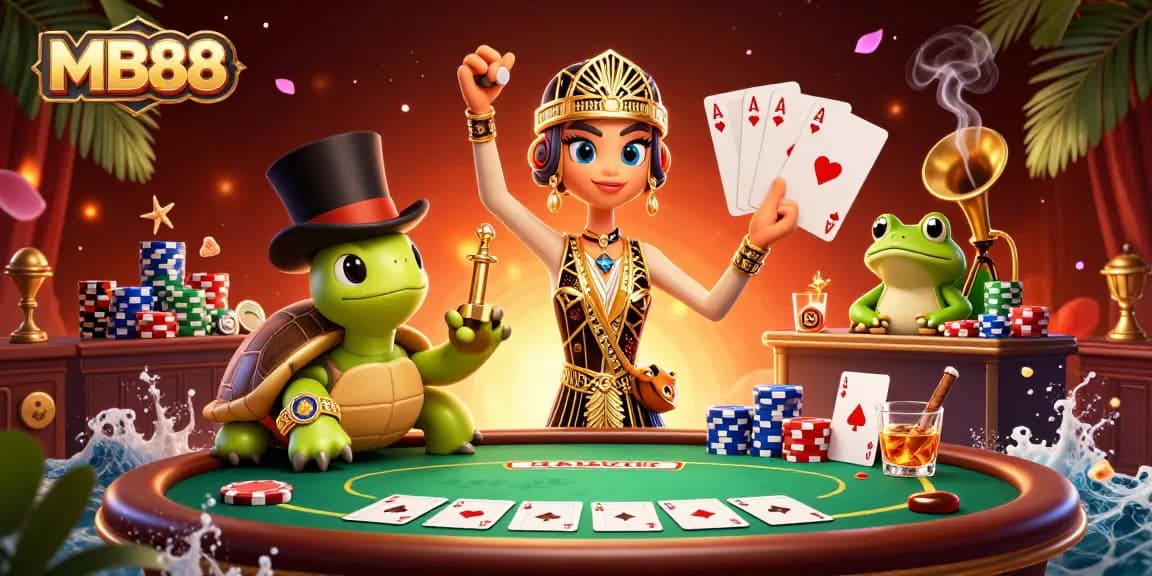 Engage in thrilling games at MB88, showcasing an entertaining casino scene with a crane, turtle, and frog.