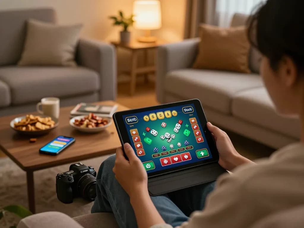 Engaging in online Sicbo gaming from the comfort of home with a tablet and delightful snacks.
