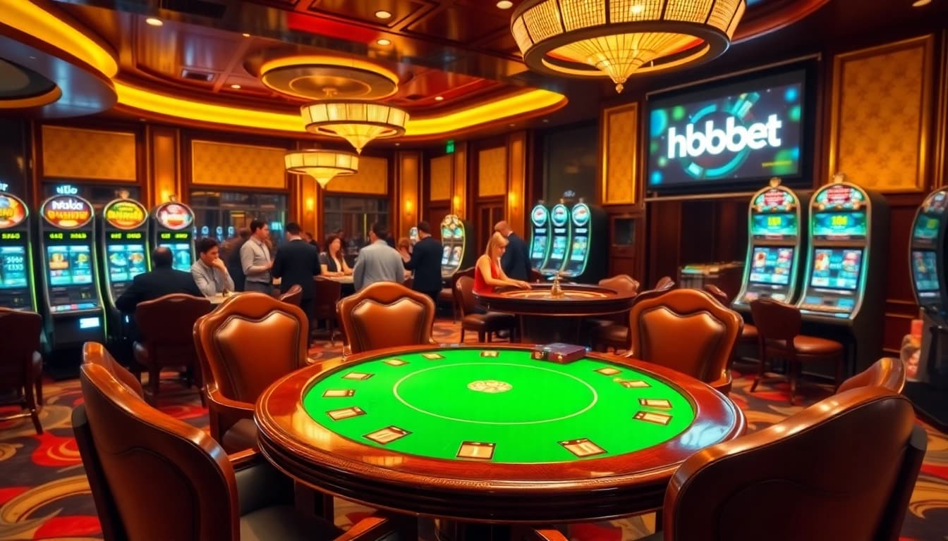 hbbet gaming table with luxury chips and intense players in a vibrant casino atmosphere