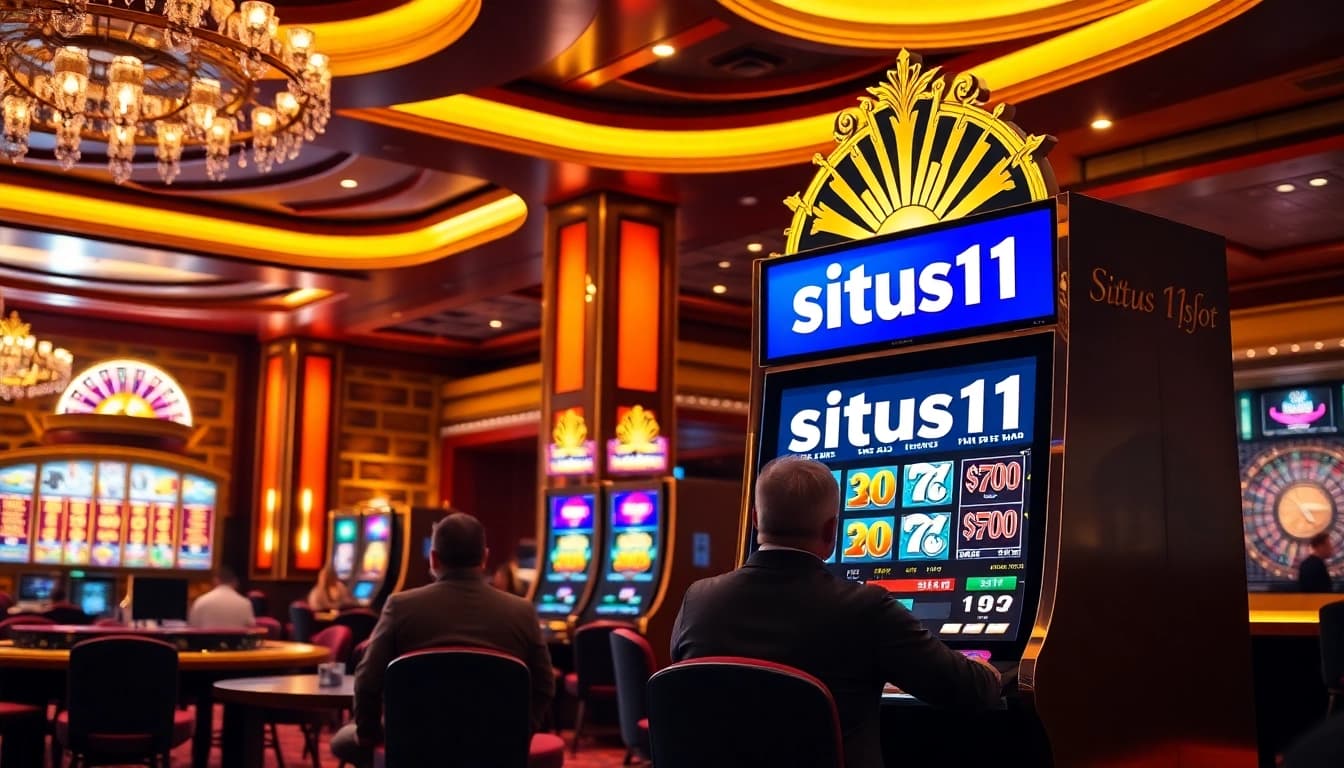 Experience the thrill of situs11 slot on a luxurious casino floor with vibrant slot machines.