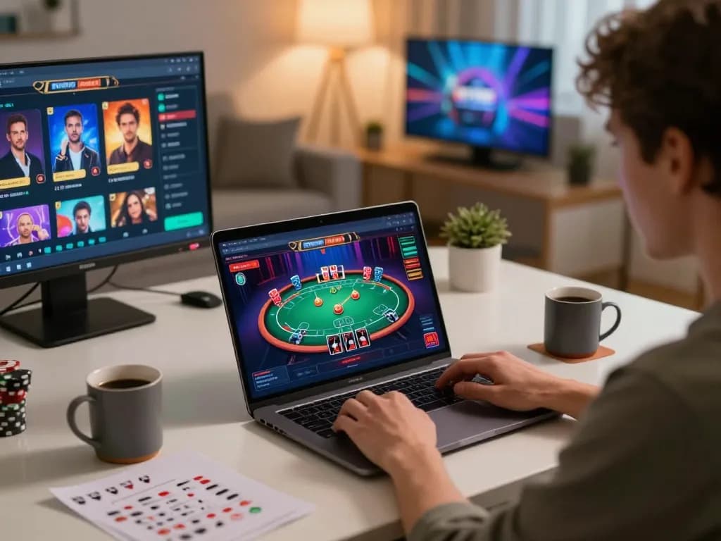 Playing online casino poker on https://lv88cha.com/ with a stylish home setup for enhanced gaming experience.