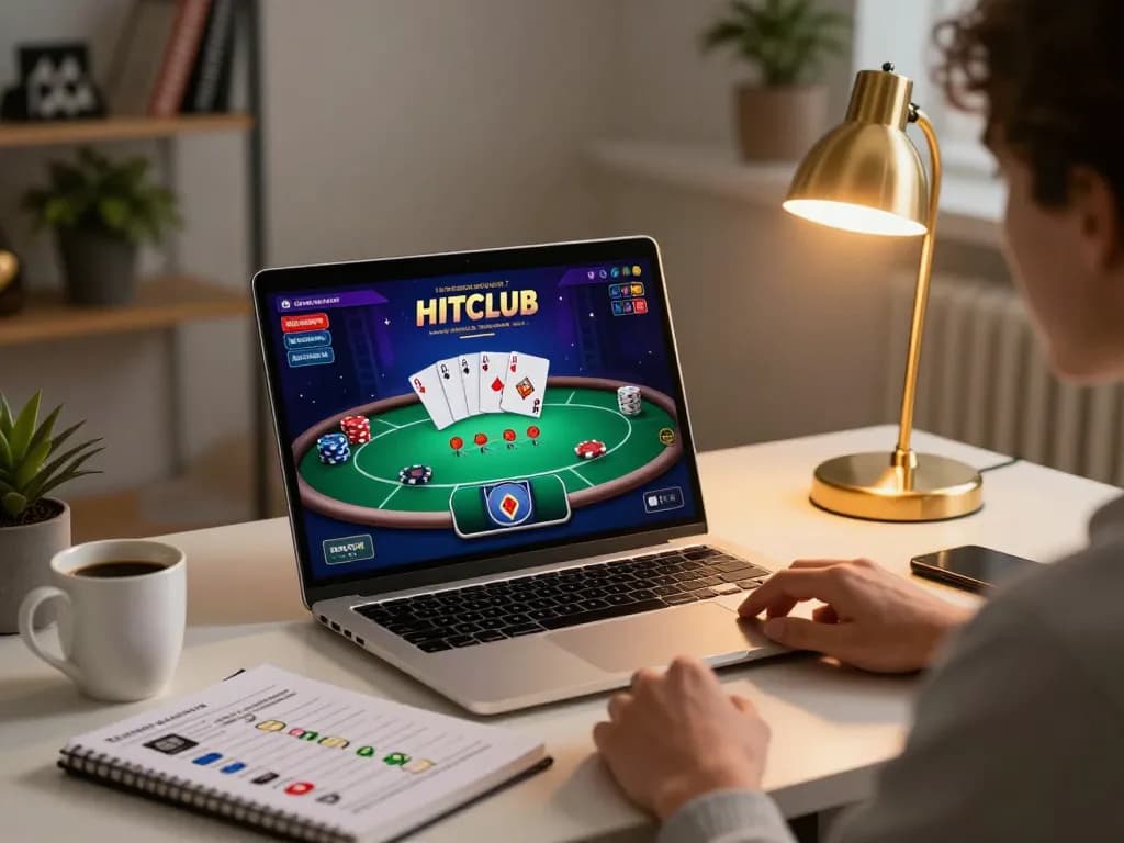 Engaged user playing poker on hitclub in a cozy home setting with strategic preparations.