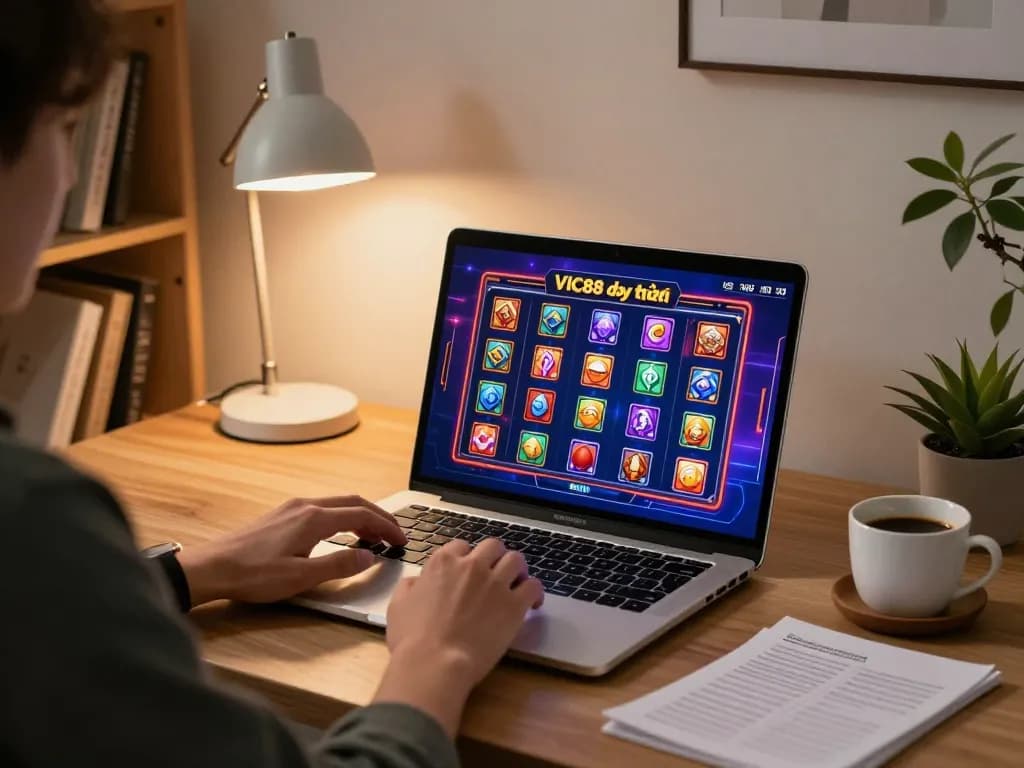 Engaging online gaming experience at home with VIC88 đổi thưởng displayed on a laptop