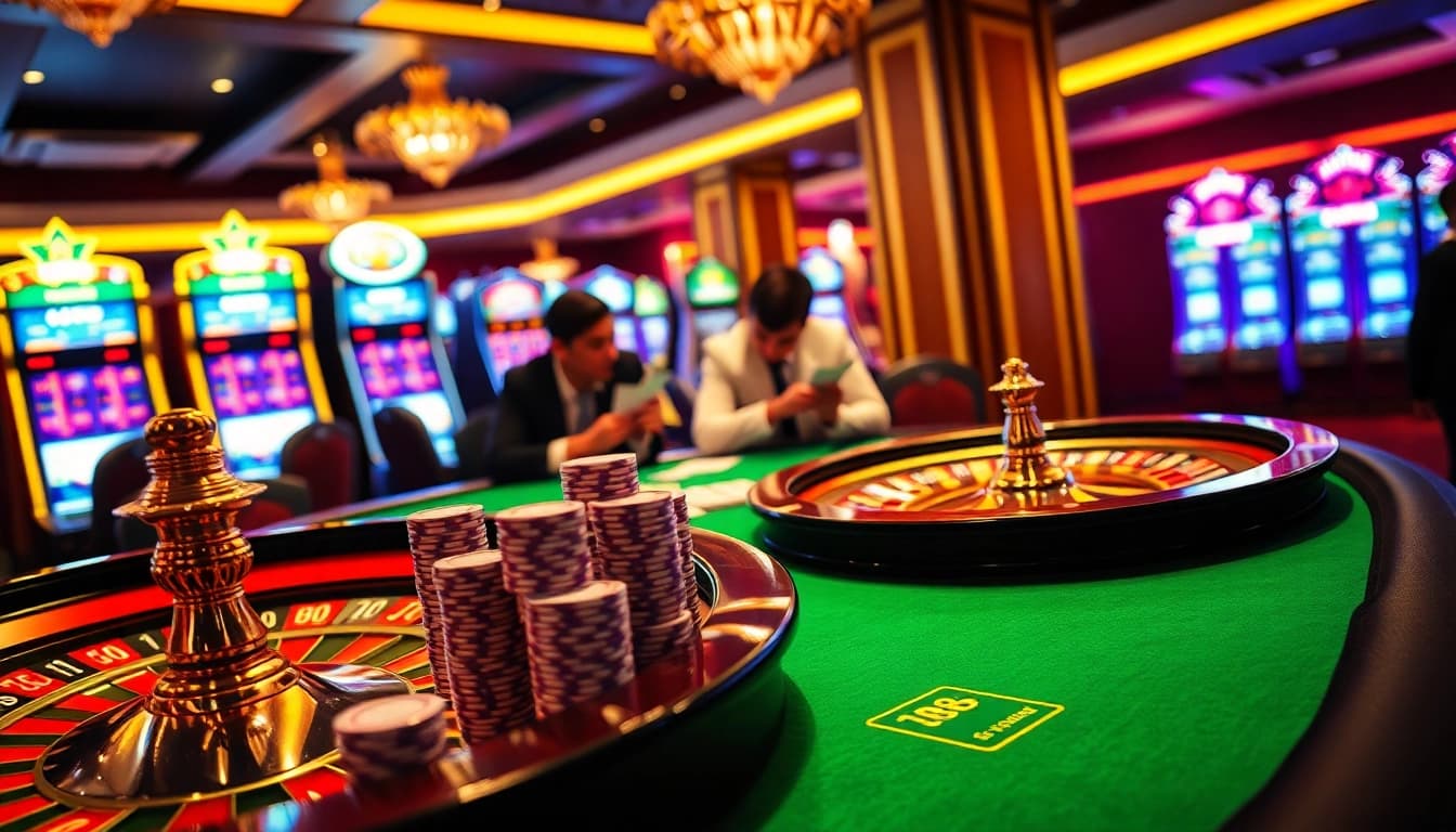 Engage in thrilling gameplay at da88's vibrant casino tables filled with poker chips and roulette wheels.