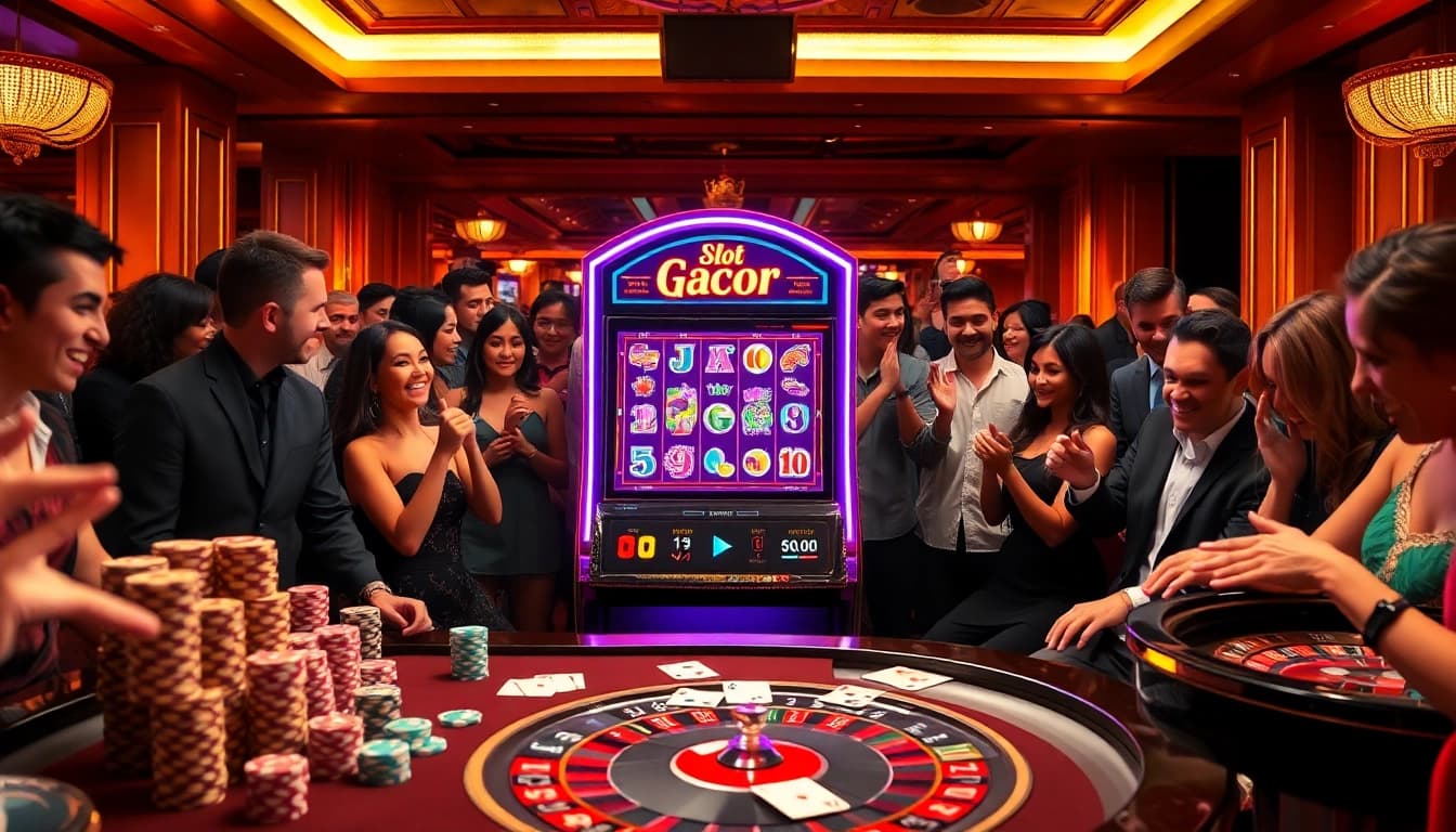 Play the winning "Slot Gacor" machine amid vibrant casino excitement and luxury.