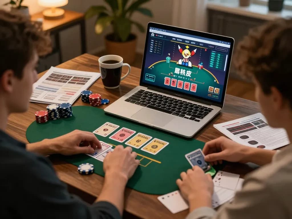 Players strategizing in a dynamic online blackjack game on LODE888 from a cozy home office setup.