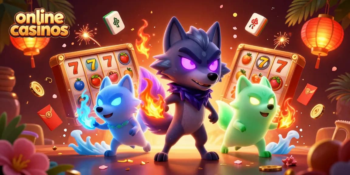 Engage with thrilling online casinos, featuring glowing wolf characters amidst vibrant casino elements.