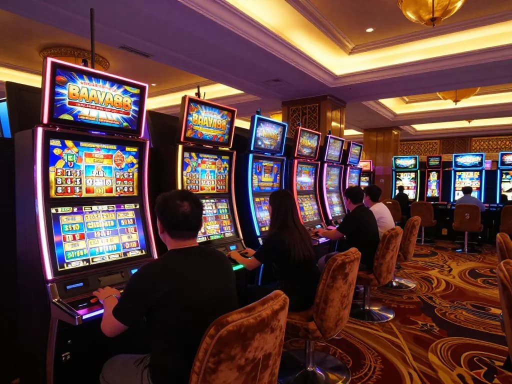 Bangsawan88 slot machines with vibrant lights and players engaging in thrilling gameplay.