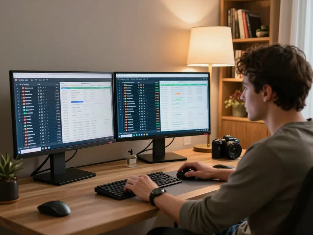 Person analyzing sports betting odds with net88 on screens in a cozy home setup