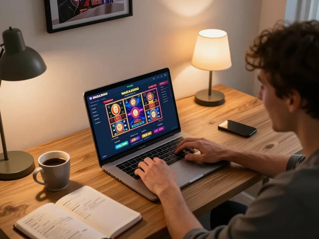 NAGA2000 user engaging with vibrant online casino games at a cozy home office