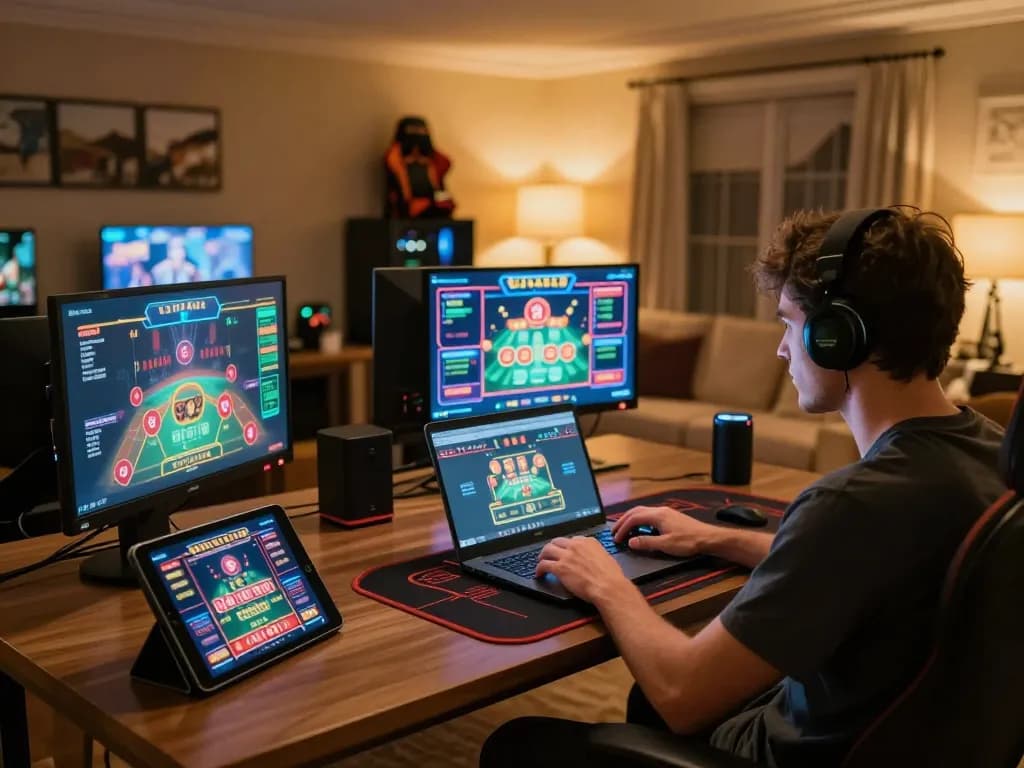 Player enjoying online gaming at home with W4U laptop setup and engaging casino interface