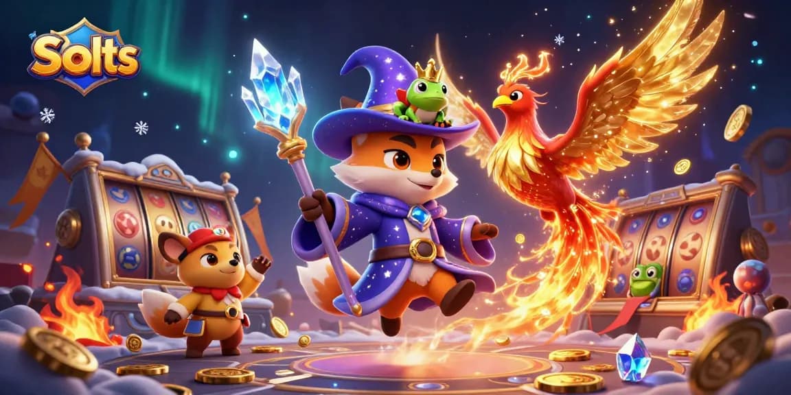 Experience thrilling Slots action with a wizard fox, phoenix, and vibrant gamescape full of excitement.