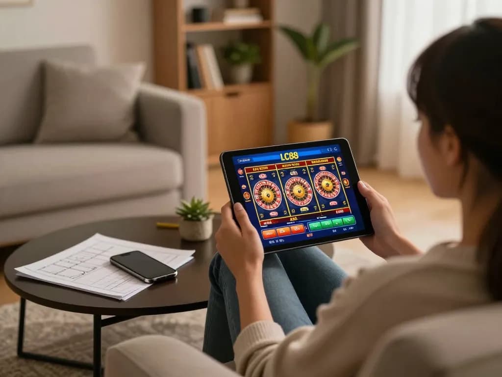 Engaging in online gaming at LC88 with vibrant interface on tablet and cozy home atmosphere.