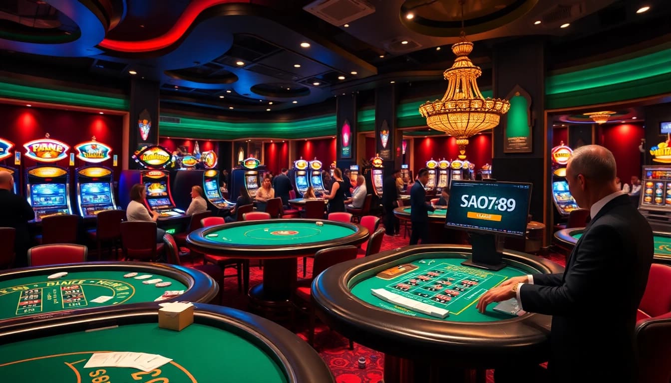 A vibrant casino scene showcasing gambling excitement with the interface of https://sao789.icu/ featuring tables and slot machines.