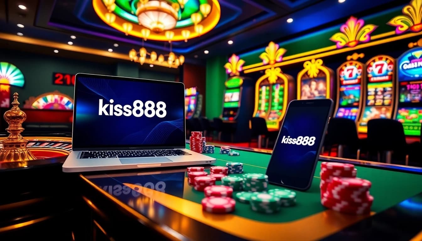 Experience the thrill of gaming at kiss888 with vibrant slots and a roulette wheel.