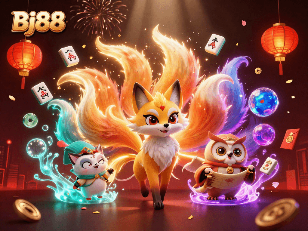 Bj88 Welcomes You with a vibrant scene featuring a 3D fox spirit and owl sage amid festive casino elements.