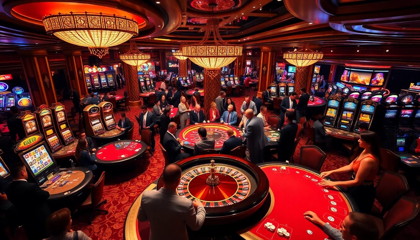 Raja Luck gaming experience with players engaging at luxurious casino tables.