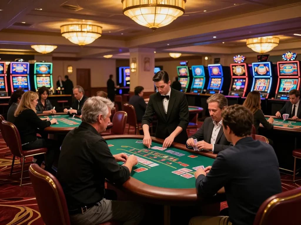Engaged players at SC88 COM blackjack tables calculating bets in an upscale casino ambiance.