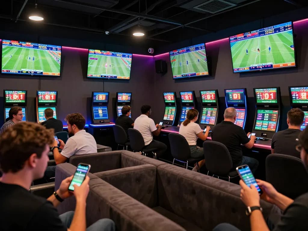 Place bets on live matches using nowgoal app in a busy sports lounge with multiple screens.