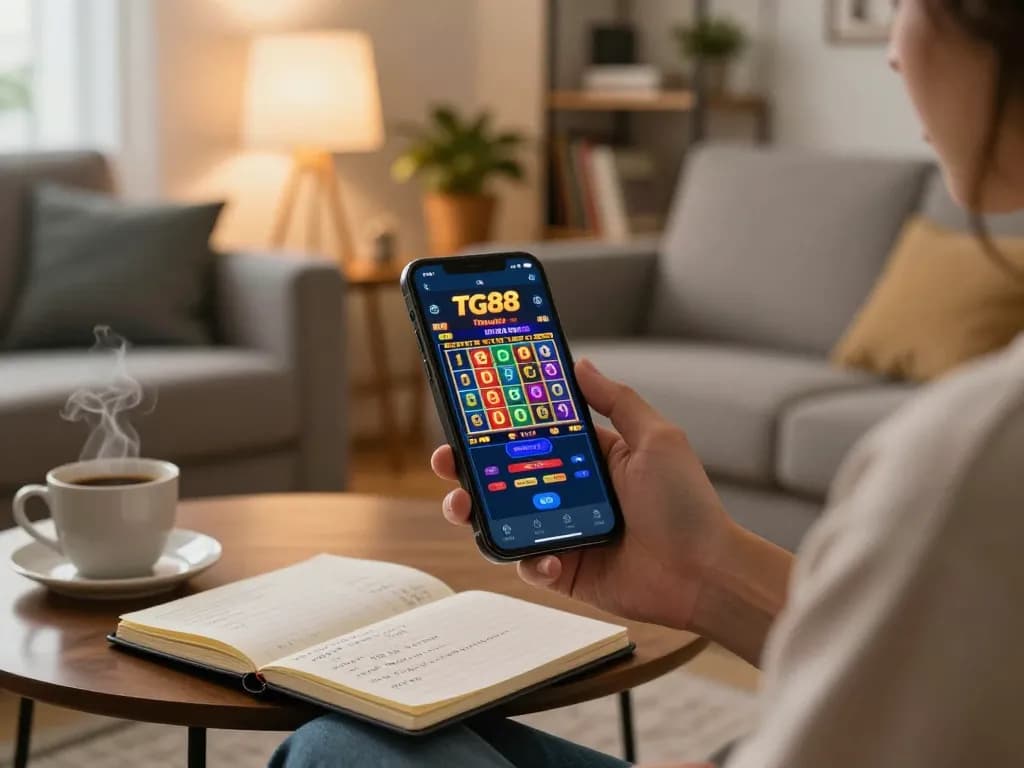 Engaged player accessing Tg88 trang chủ casino app on smartphone in cozy home setting.