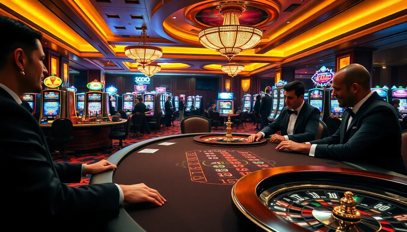 Gamblers enjoying a thrilling moment at a SODO casino poker table with vibrant atmosphere.