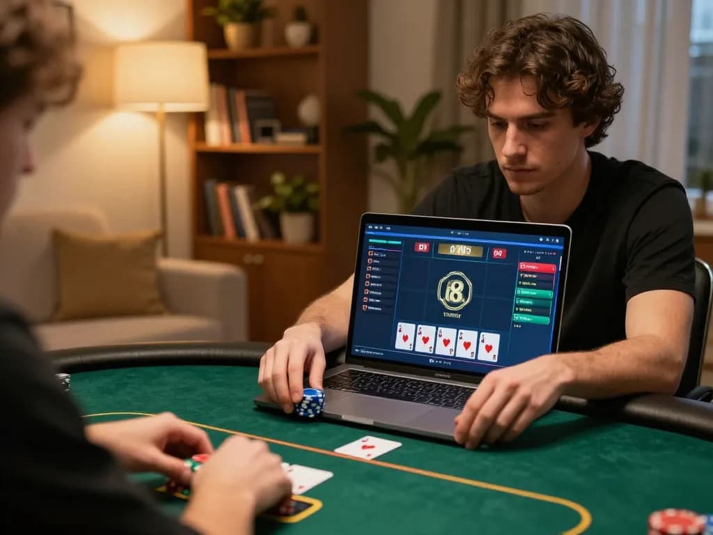 Player strategizing in an online poker match on O8, showcasing a cozy home gaming atmosphere.