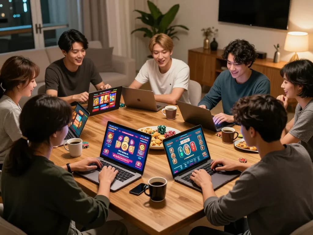 Players engaging with rikvip casino games on their laptops in a warm and inviting home setting.