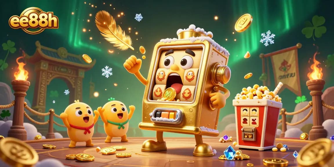 Engage with the stunning jackpot scene featuring ee88h's golden slot machines and lively characters.
