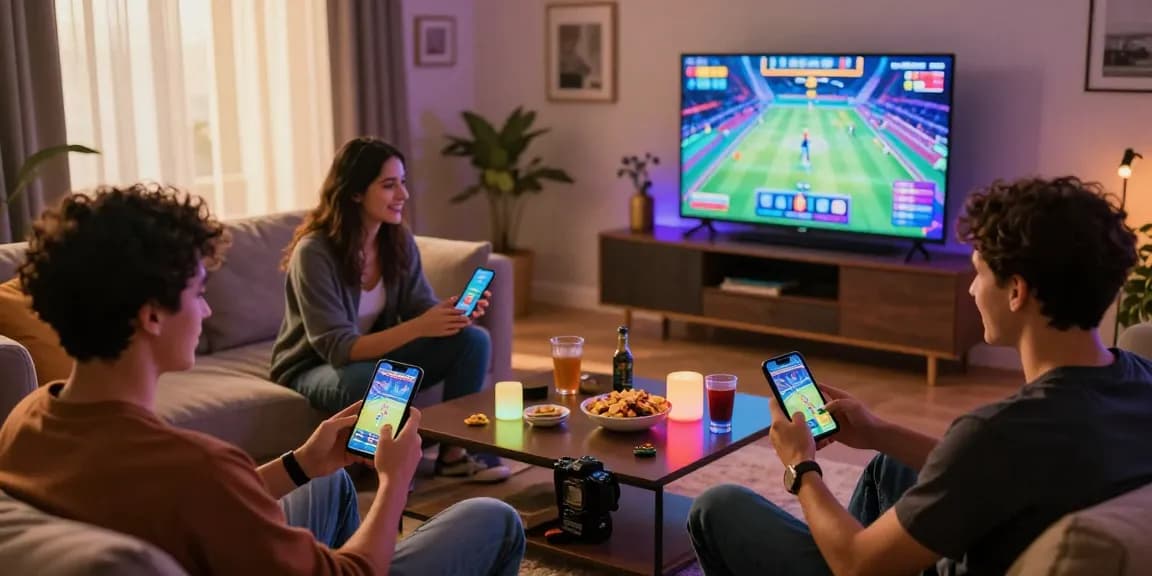 Group of friends playing the engaging 663bet game on their smartphones in a vibrant living room.
