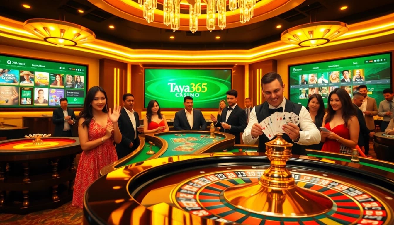Taya365 Casino players enjoying a vibrant gaming experience with roulette and card tables in focus.