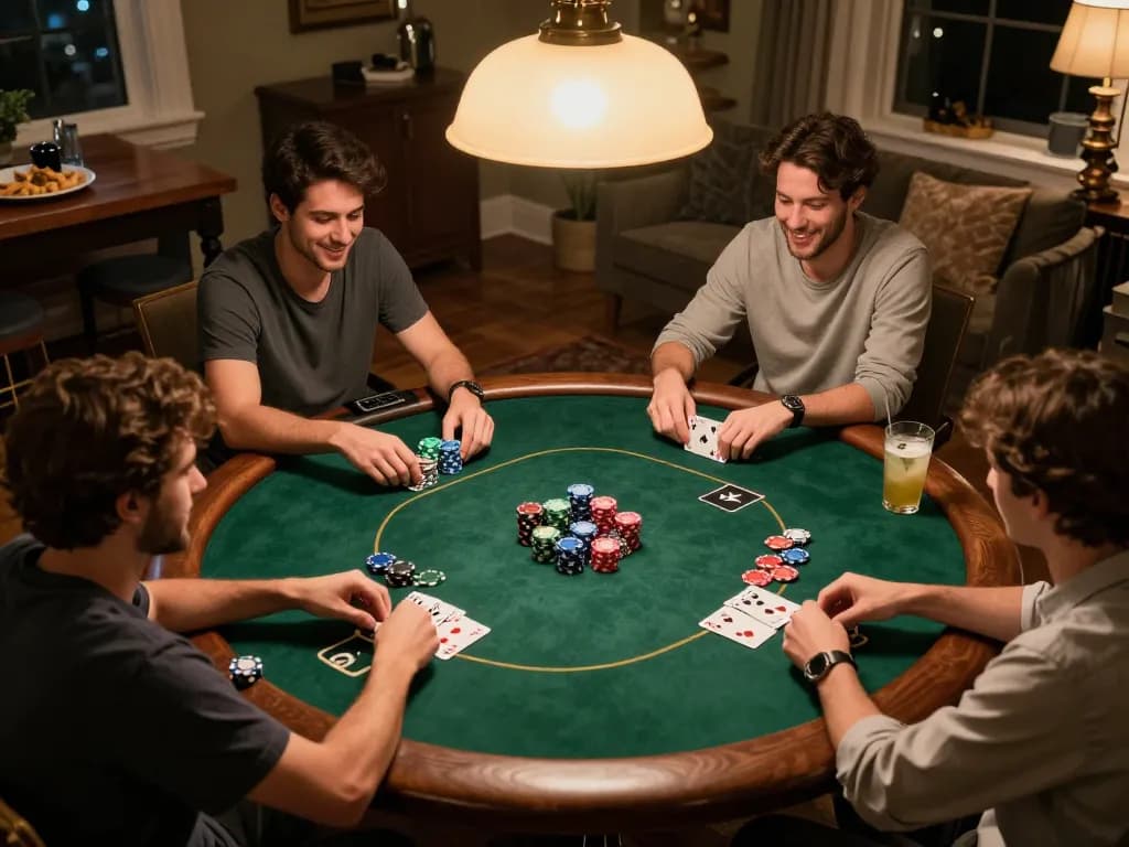 Friends enjoying ALO8 Live poker night with colorful chips and cozy atmosphere