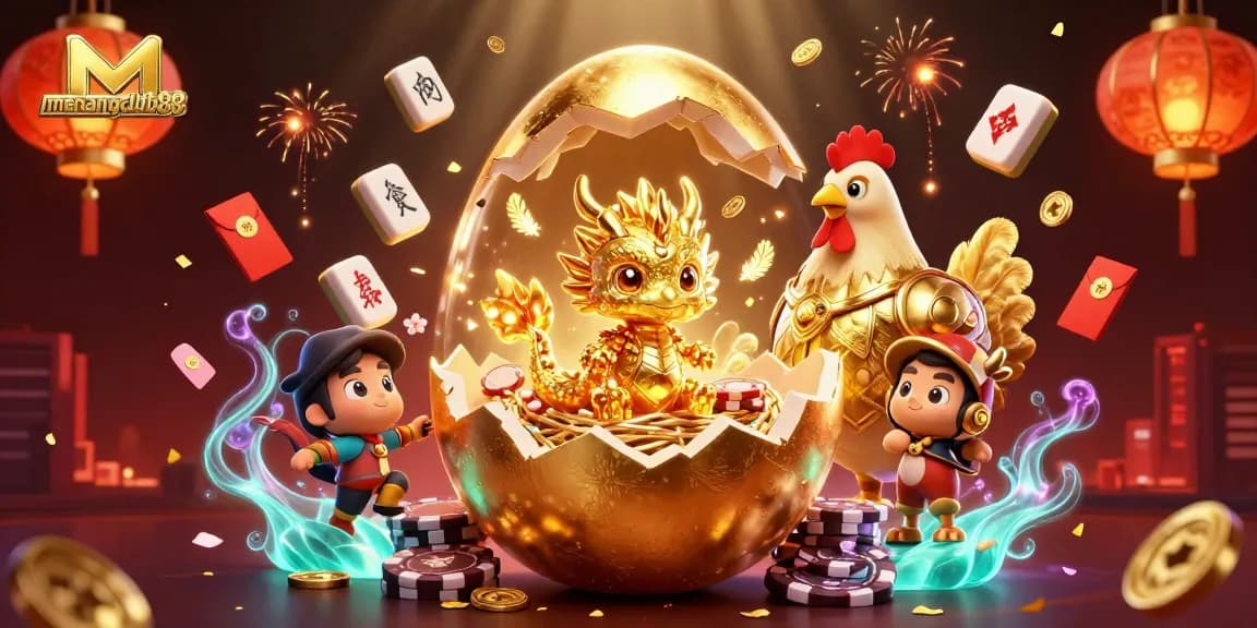 Experience the excitement at menangclub88 with this vibrant 3D collage of gaming elements