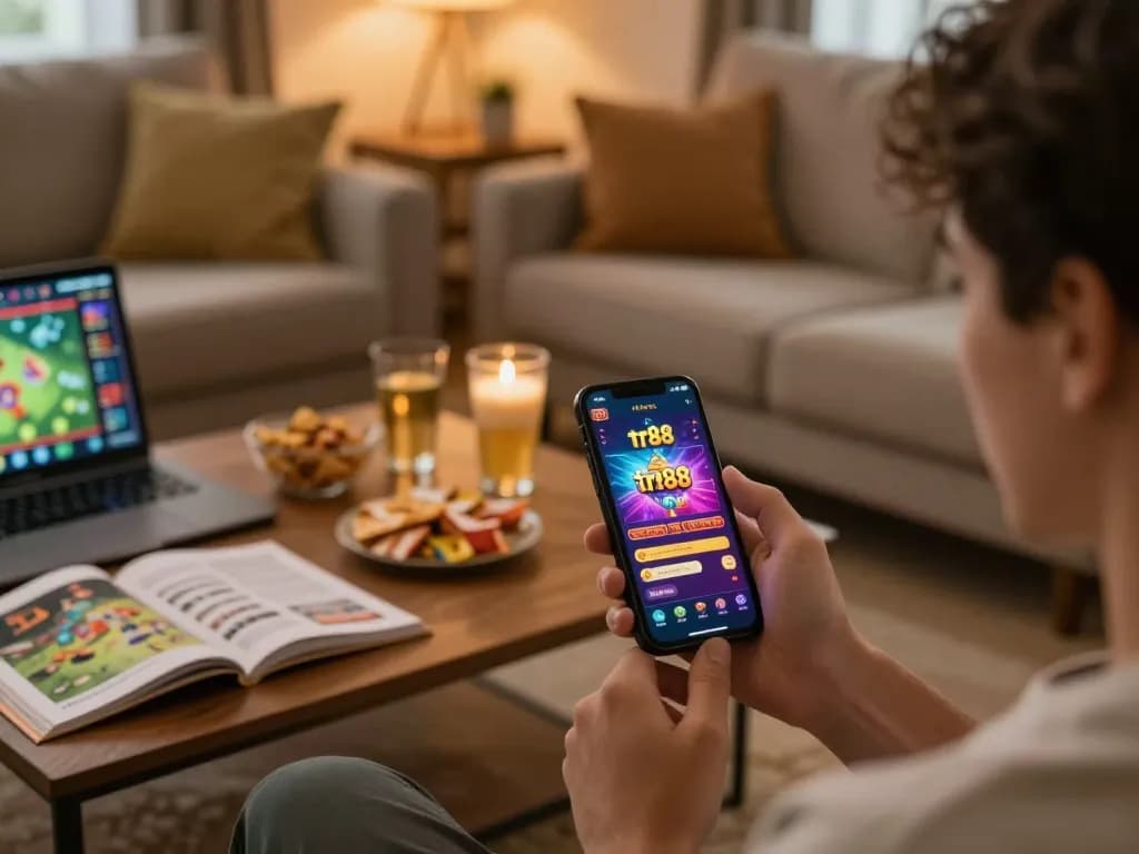 Play the tải app tr88 on your mobile in a cozy living room filled with gaming strategy.