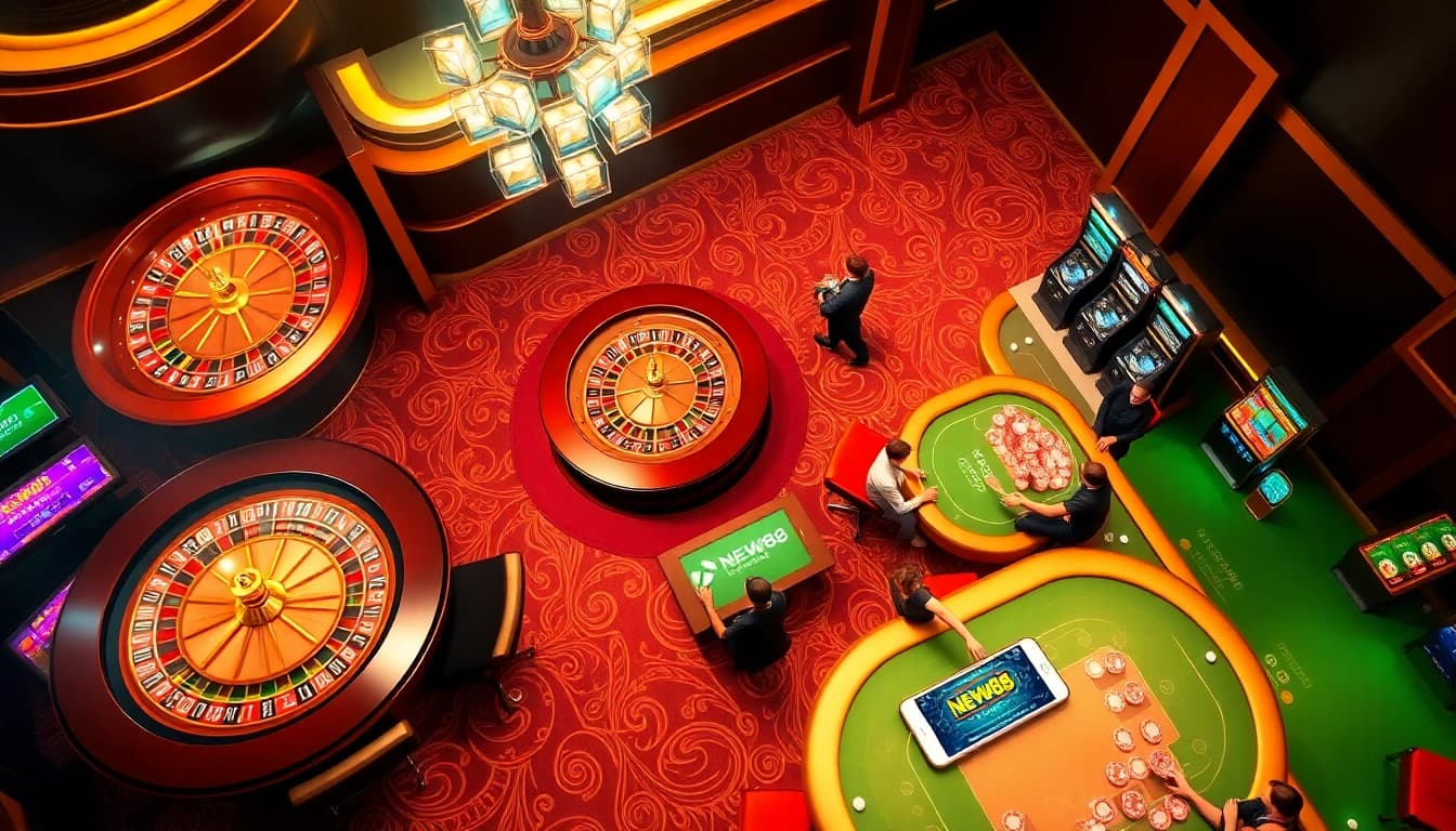 Experience excitement at New88.help with players engaged in online casino games, showcasing thrilling roulette and poker gameplay.