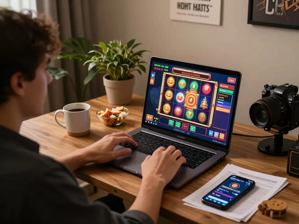 Engaging home scene of online gambler experiencing kdslots gameplay on laptop with snacks and notes nearby.
