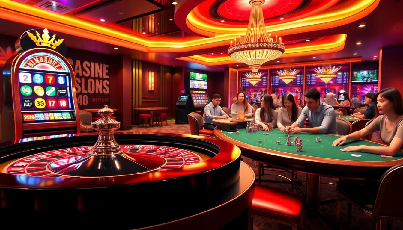 Experience the excitement of rr88 with players engaging at a casino table filled with colorful chips and illuminated slot machines.