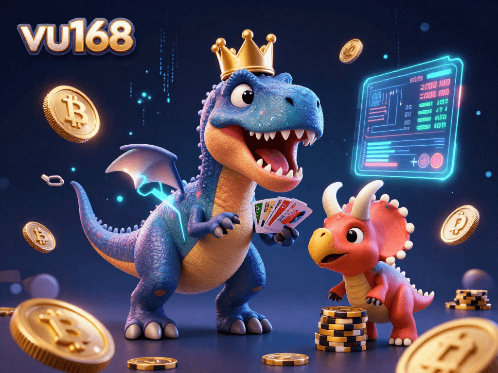 vu168 showcases a playful T-Rex shuffling cards, symbolizing fun online gaming.