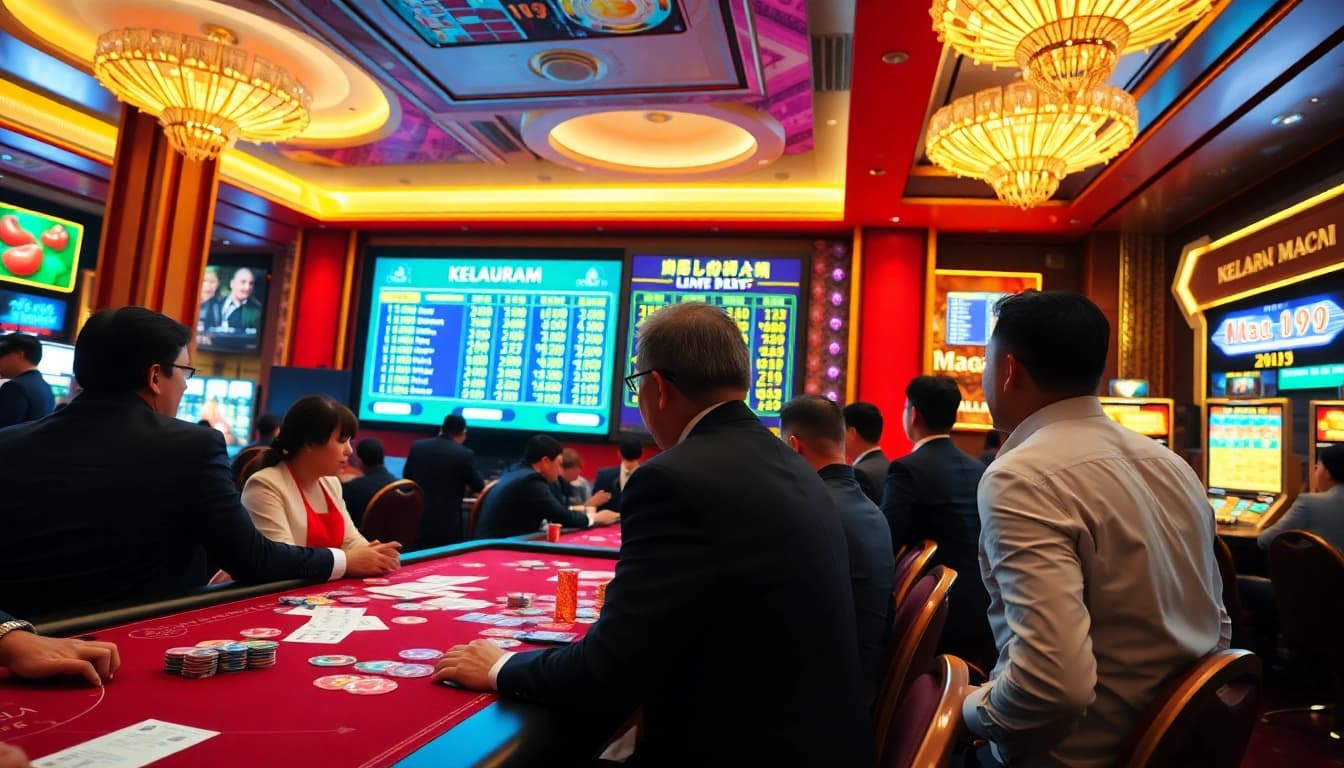 Keluaran Macau live draw showcasing vibrant casino atmosphere with eager players and digital results.