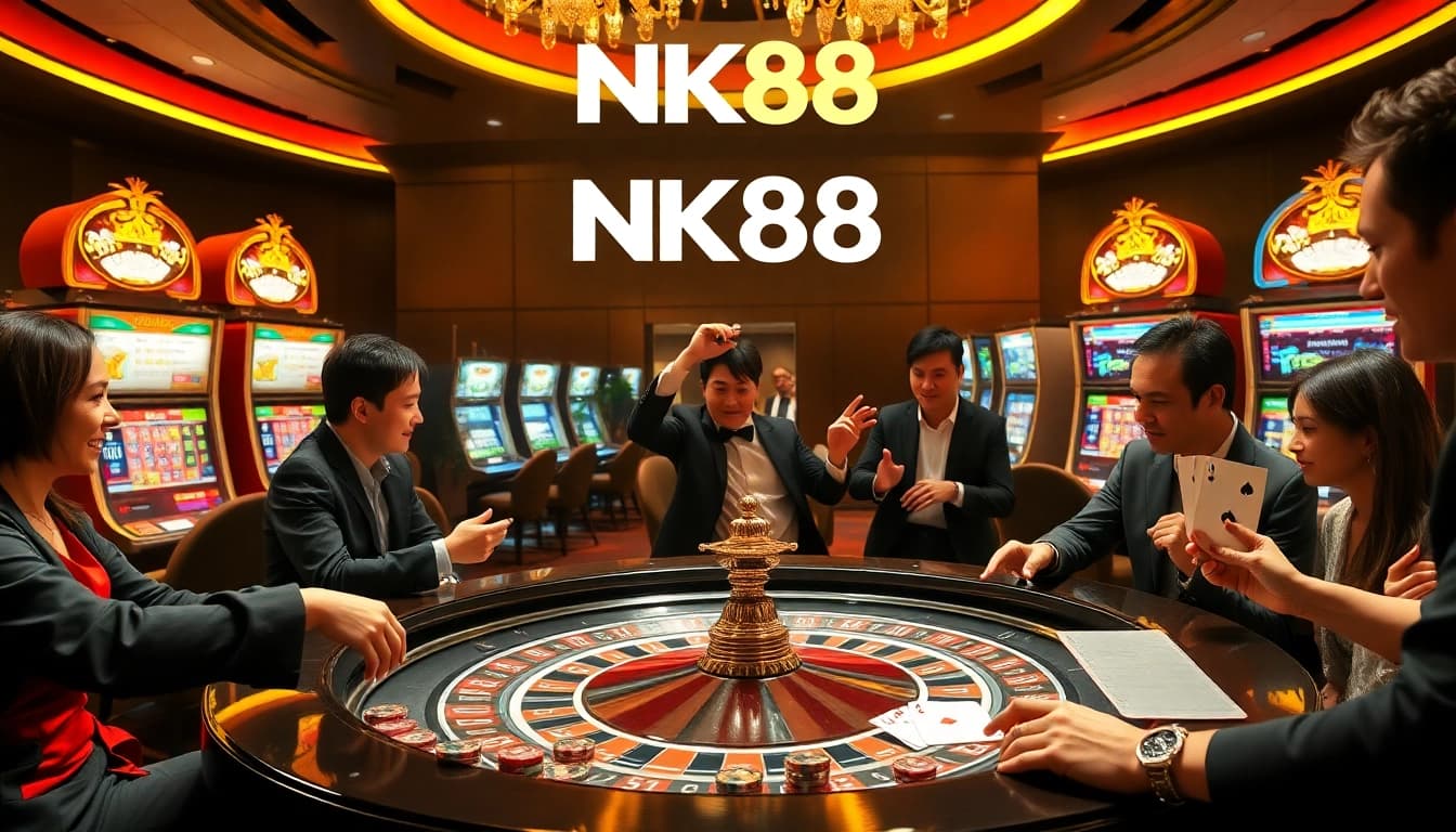 Players enjoying a thrilling game at the NK88 roulette table in an elegant casino.
