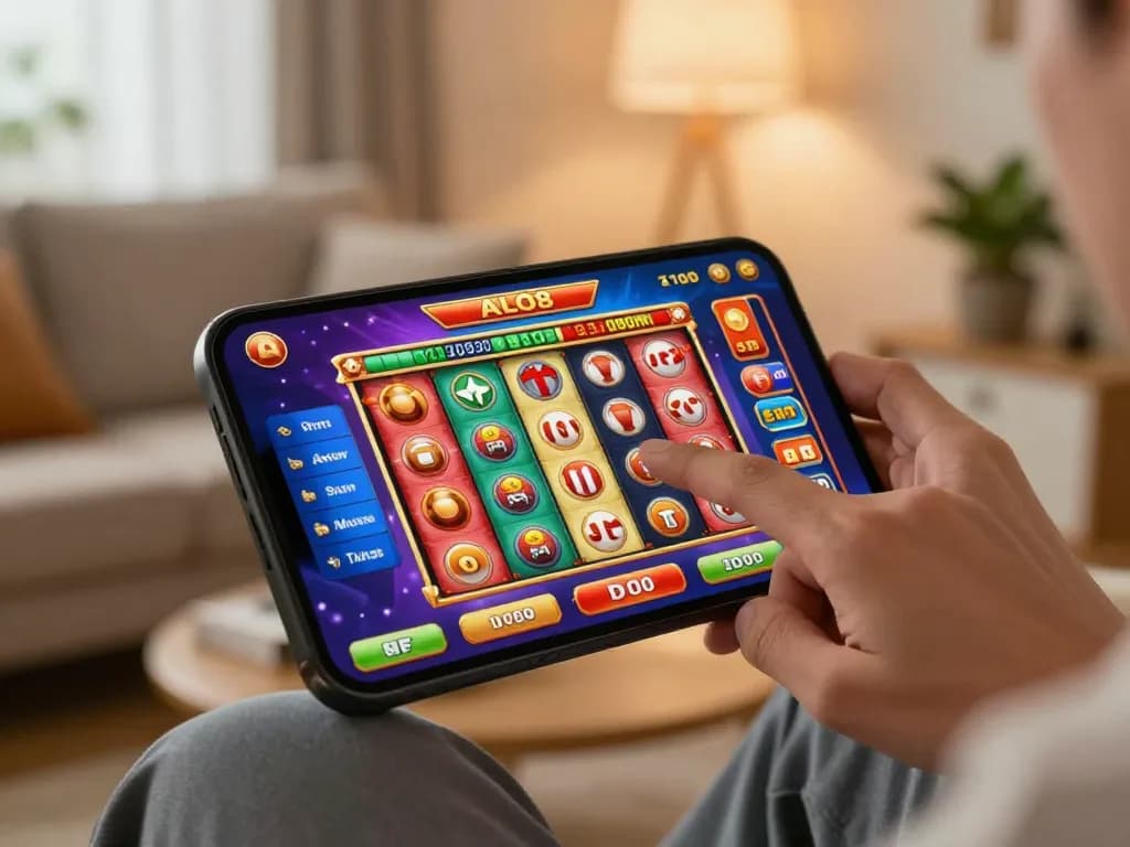 Player enjoying an ALO8 slot game on mobile, vibrant interface, cozy atmosphere.