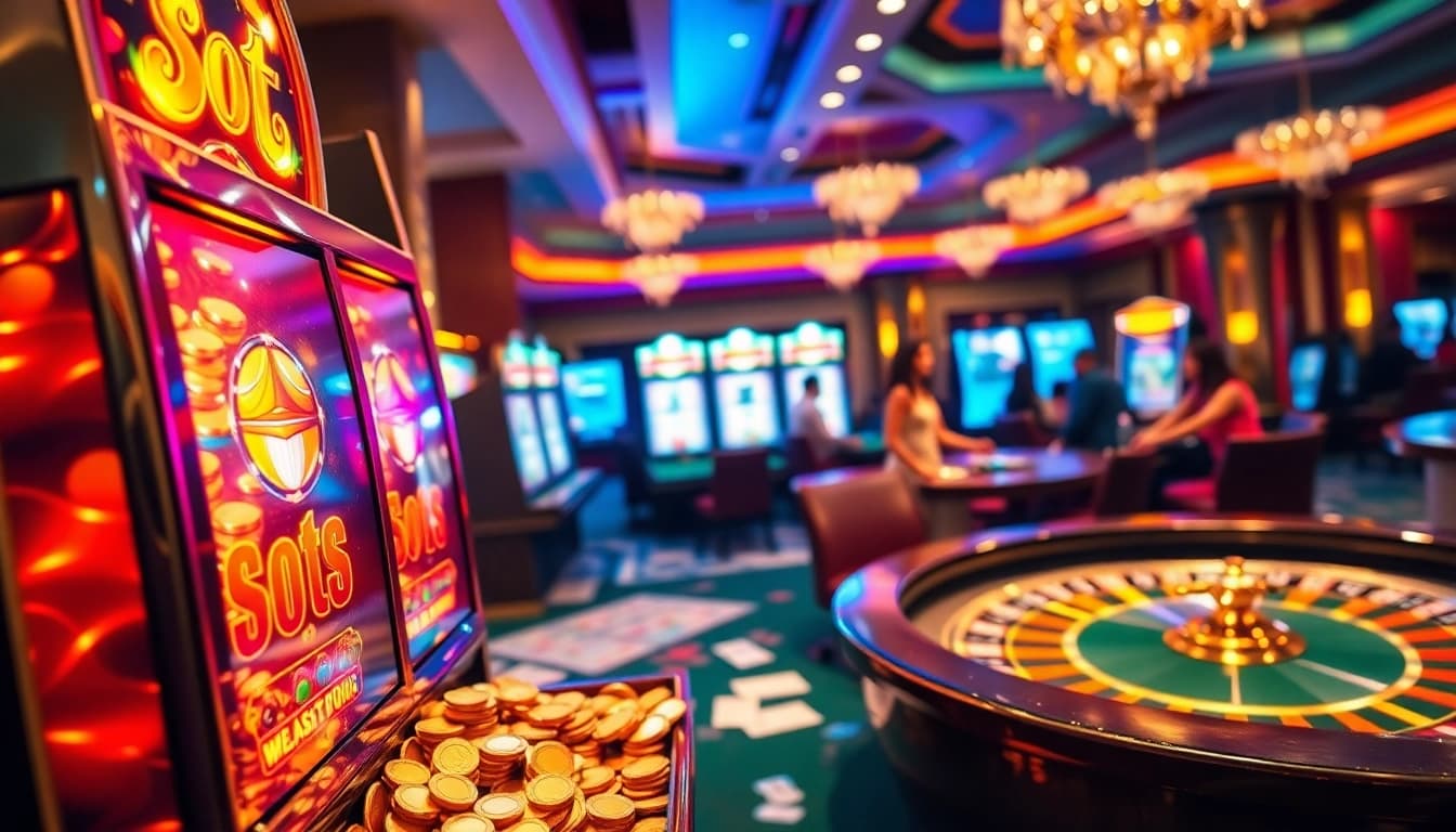 Capturing the excitement of slot gacor with vibrant casino visuals featuring a glowing slot machine and poker table.