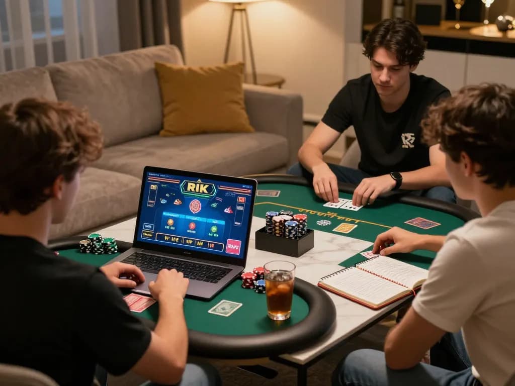 Engaged players enjoying a dynamic session of RIK VIP poker in a cozy home gaming setup.