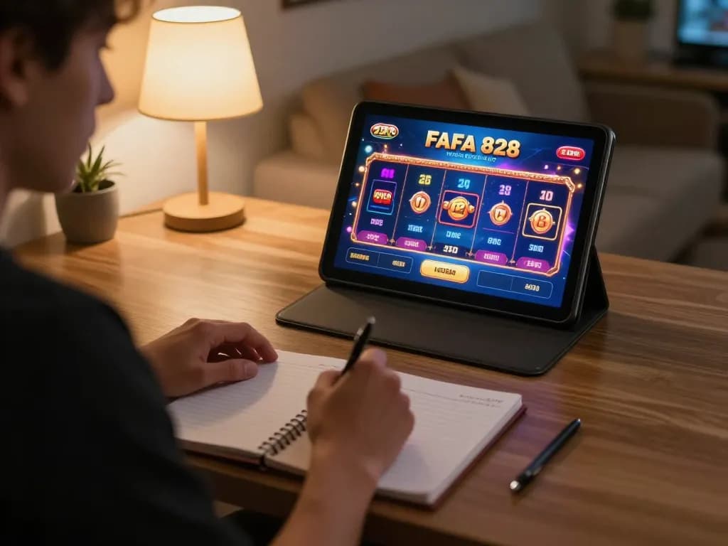 FAFA 828 player enjoying online gaming with strategic notes and tablet
