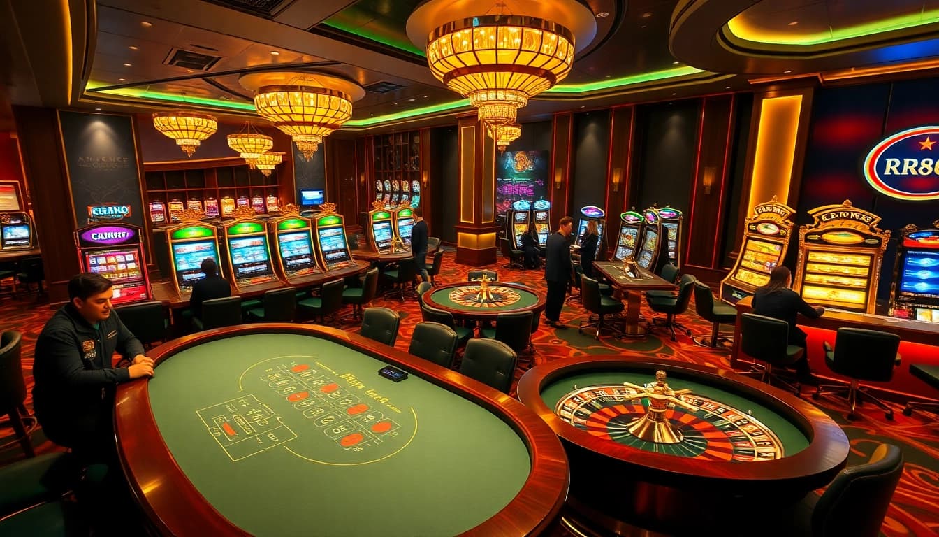 Engaged players at a poker table in a luxurious casino environment promoting RR88.auction.