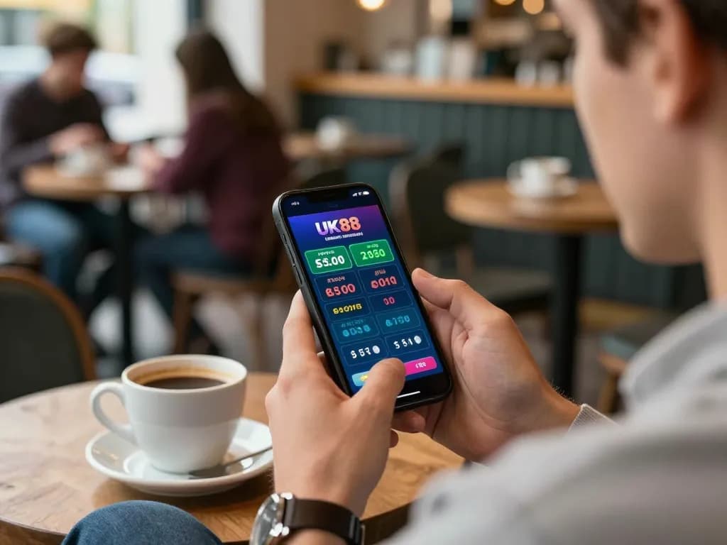 Engaging player using UK88 mobile app for betting in a vibrant café setting.