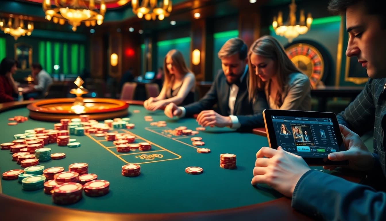 Engaging players at a luxurious poker table showcasing action at https://thabet.college/ with vibrant chips and cards.