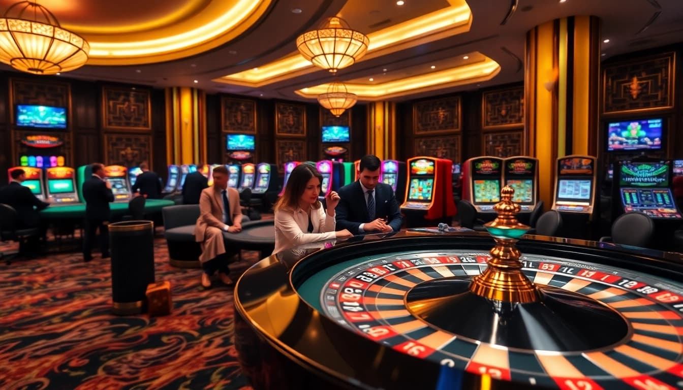 Join the excitement at rr88k1 com casino with players at a vibrant roulette wheel and poker tables.