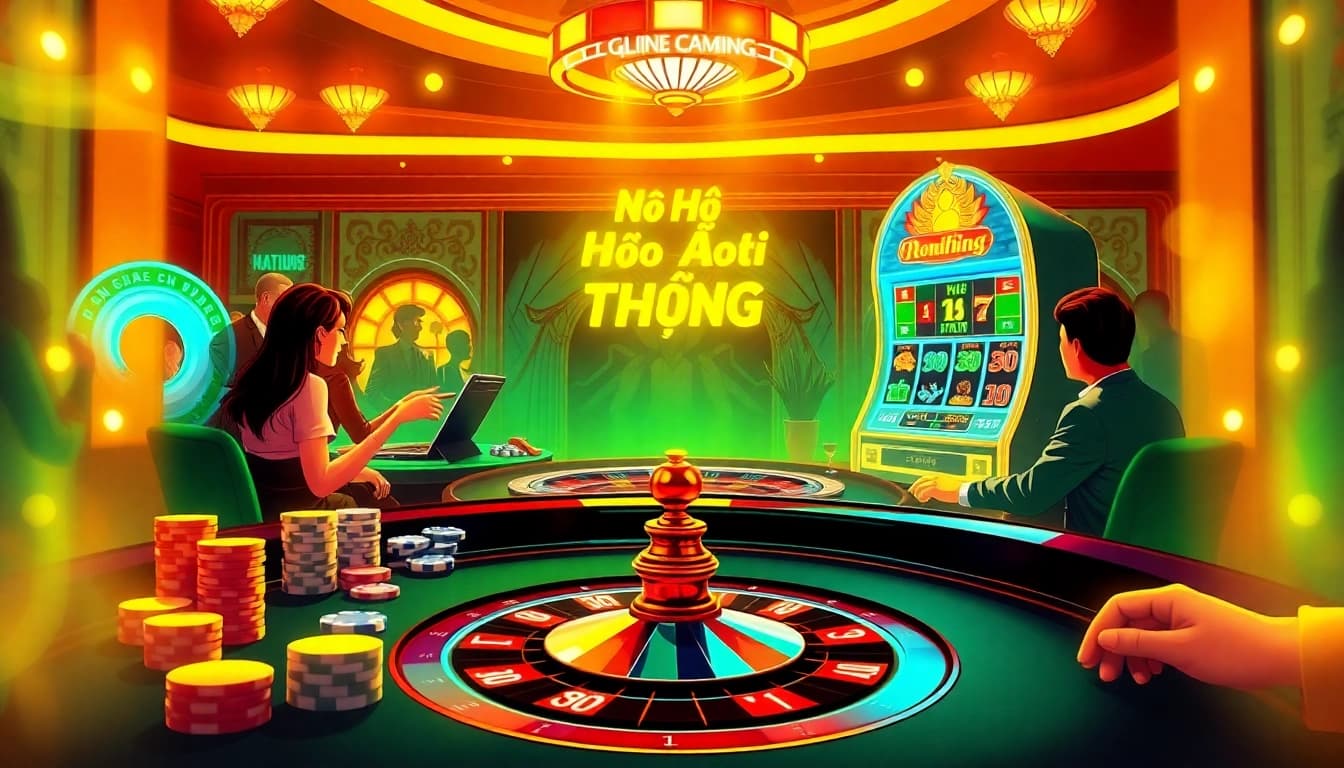 Nổ Hũ Đổi Thưởng slot machine celebrating wins in a vibrant casino setting with players engaged in action.
