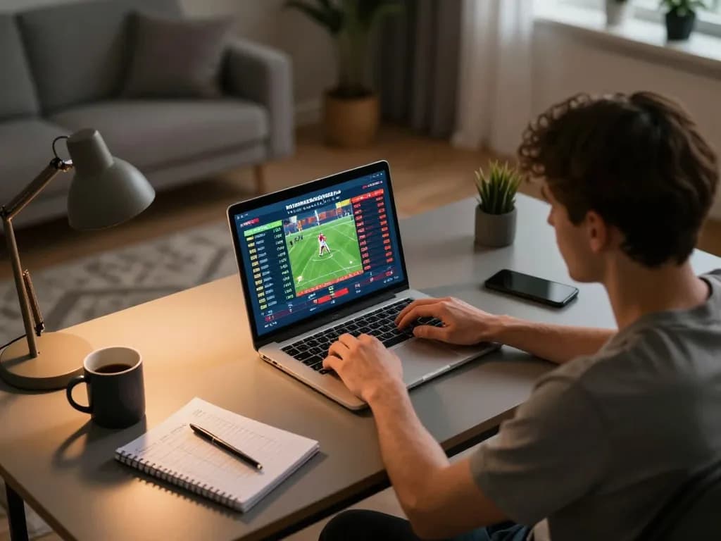 Engaging with live sports betting on a laptop at home, showcasing 88aa platform's features