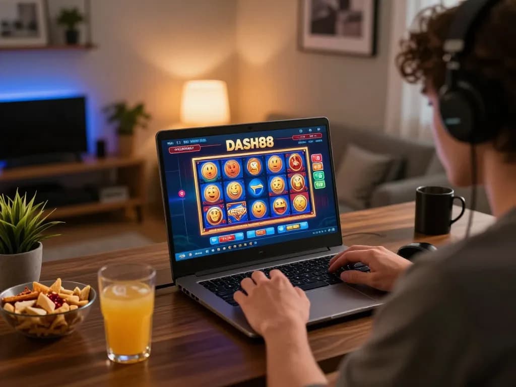 Engaging gaming moment with dash88 online casino on laptop, cozy atmosphere and focus on strategic play.